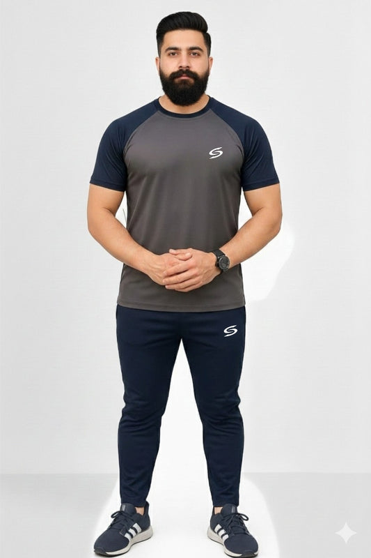 BS Man’s DryFit TrackSuit Grey/Navy Blue Combo #158
