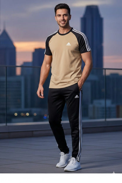 BS Man’s DryFit TrackSuit-Adi Style-Beige,Skin/Black Combo #200