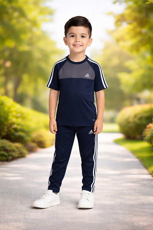BS Kid’s Dry-Fit Tracksuit-Adi Style- Navy Blue/Grey Combo #190