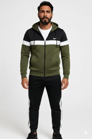 Winter Collection-Man's Only- 3 Strp Olive Green, Black & White Premium Tracksuit.