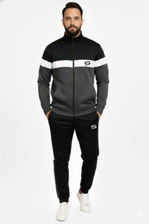 Winter -Man's Only- 3 Strp Moack Neck Grey, Black & White Premium Tracksuit.